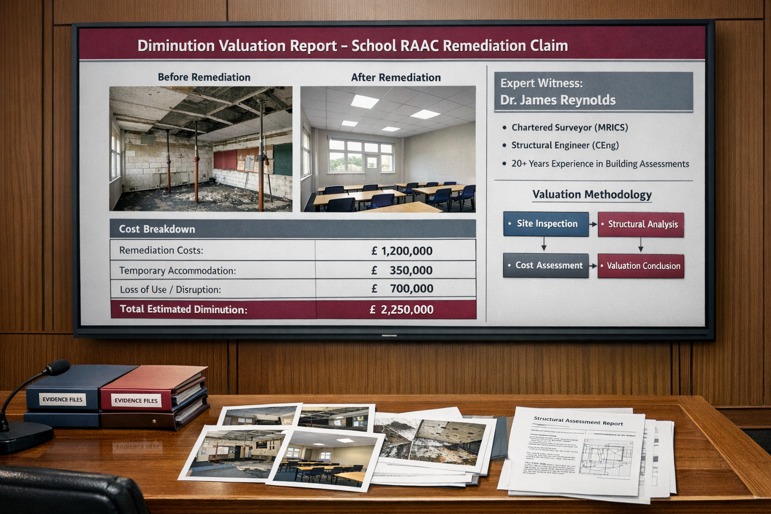 () courtroom evidence presentation scene showing large wall-mounted display screen with detailed diminution valuation report