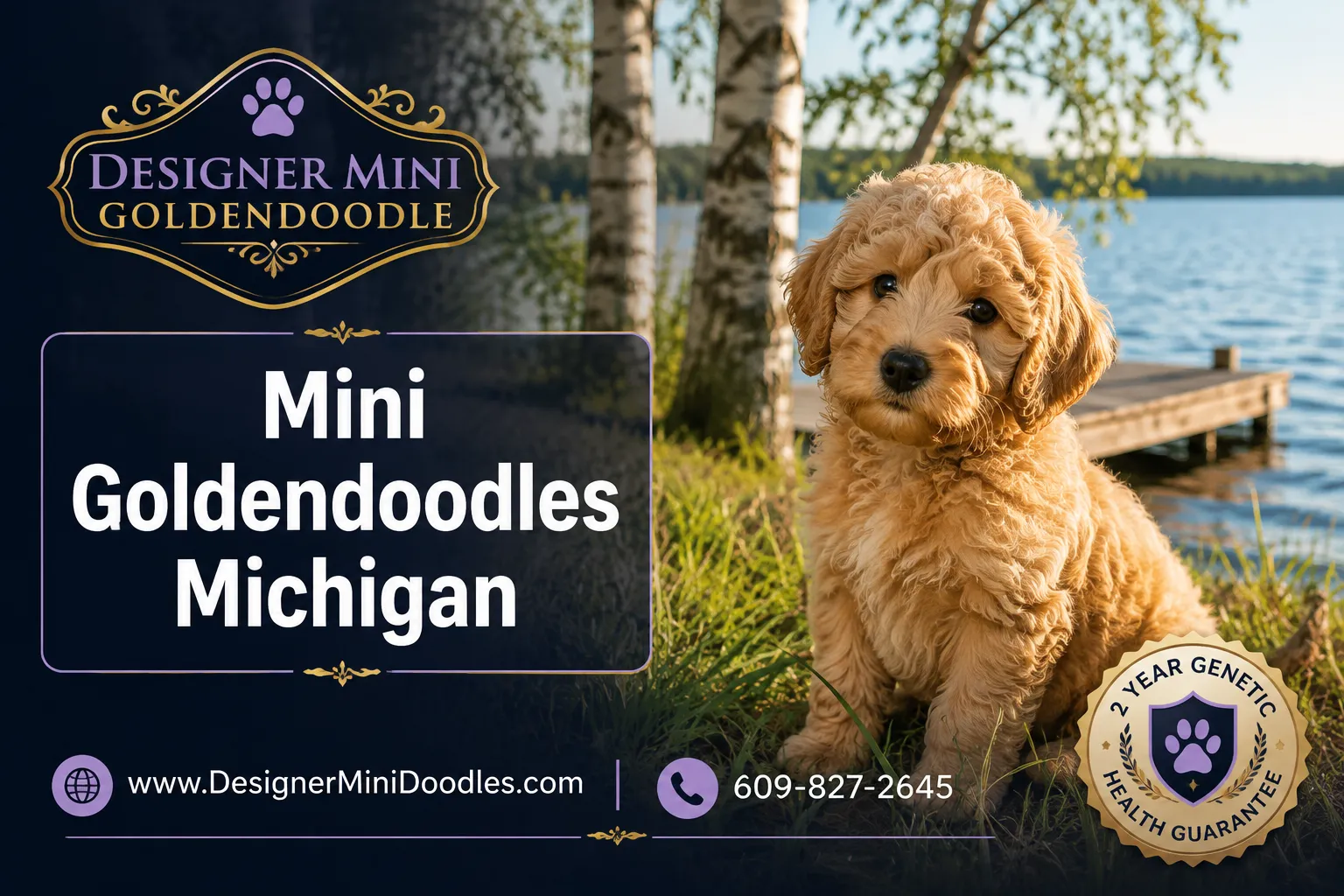 Professional () editorial hero image with SHORT reading 'Mini Goldendoodles Michigan' in crisp white modern on a