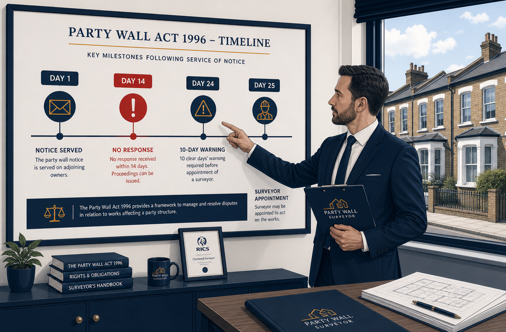 Wide-angle editorial illustration showing a formal legal timeline infographic on a large wall-mounted board: a calendar
