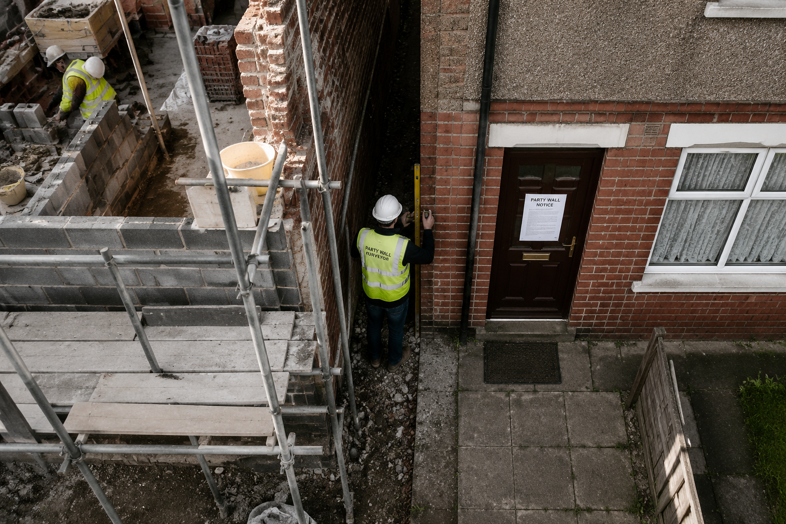Overhead bird's-eye view editorial photograph of a construction site between two semi-detached UK properties: one side has