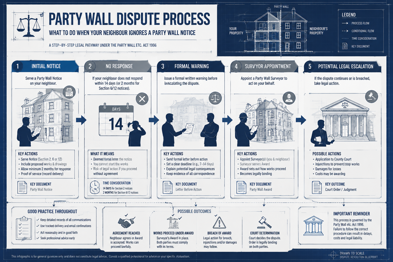 Detailed step-by-step legal process flowchart illustrating actions when a neighbour ignores a party wall notice. Visual