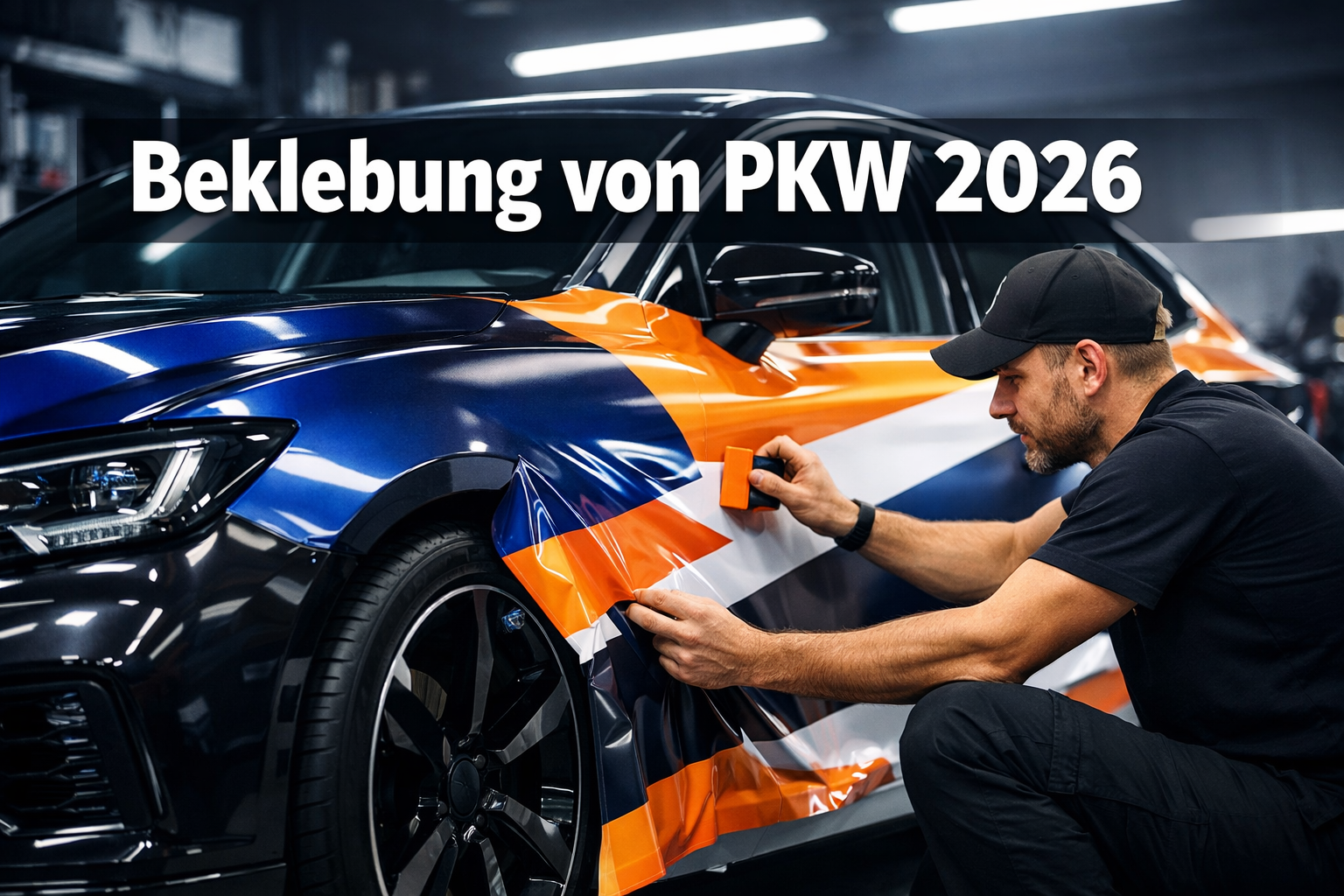Professional landscape format (1536x1024) hero image featuring bold text overlay 'Beklebung von PKW 2026' in extra large 72pt white sans-ser