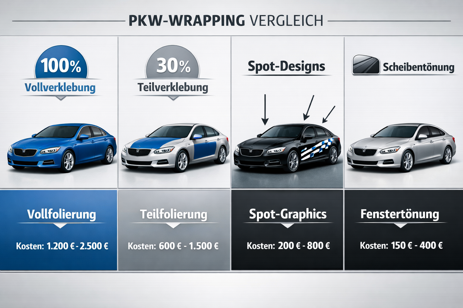 Landscape format (1536x1024) detailed illustration showing comparison chart of different PKW wrapping types: full wrap, partial wrap, spot g
