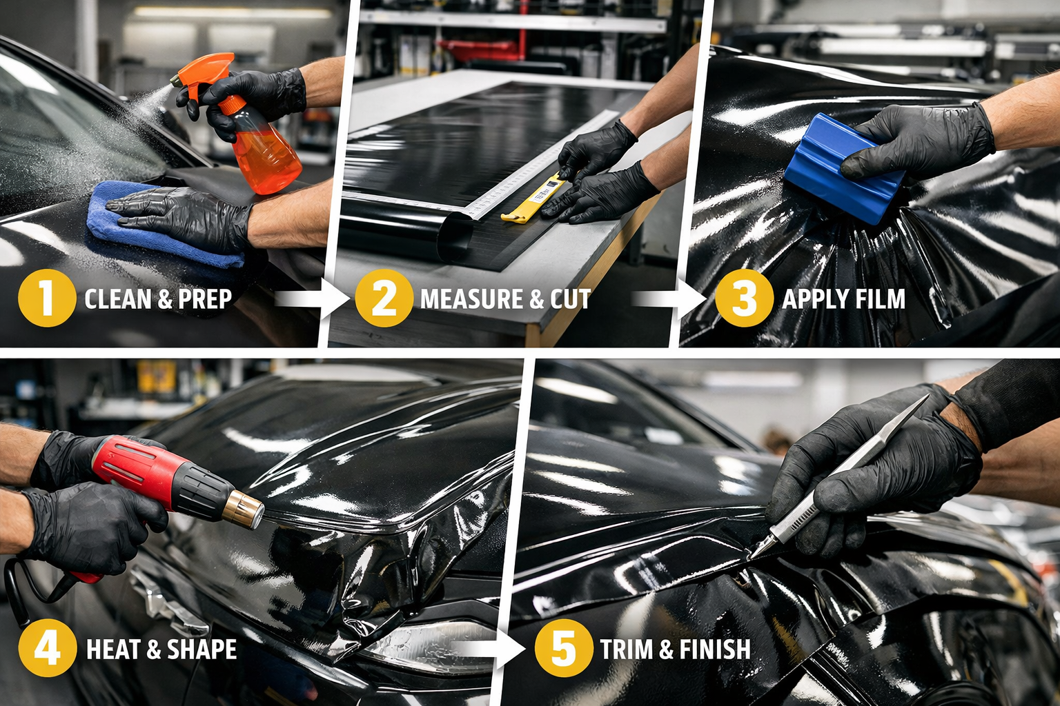 Landscape format (1536x1024) step-by-step visual guide showing PKW wrapping process in sequential panels: 1) car cleaning and preparation wi