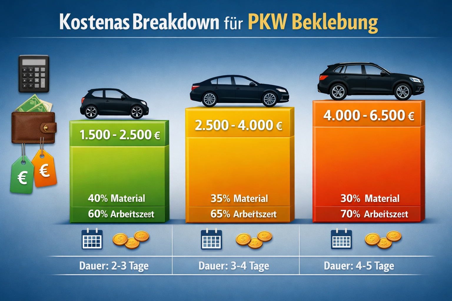 Landscape format (1536x1024) cost breakdown infographic for PKW beklebung showing price tiers in bar graph format: small car (Smart, Mini) a