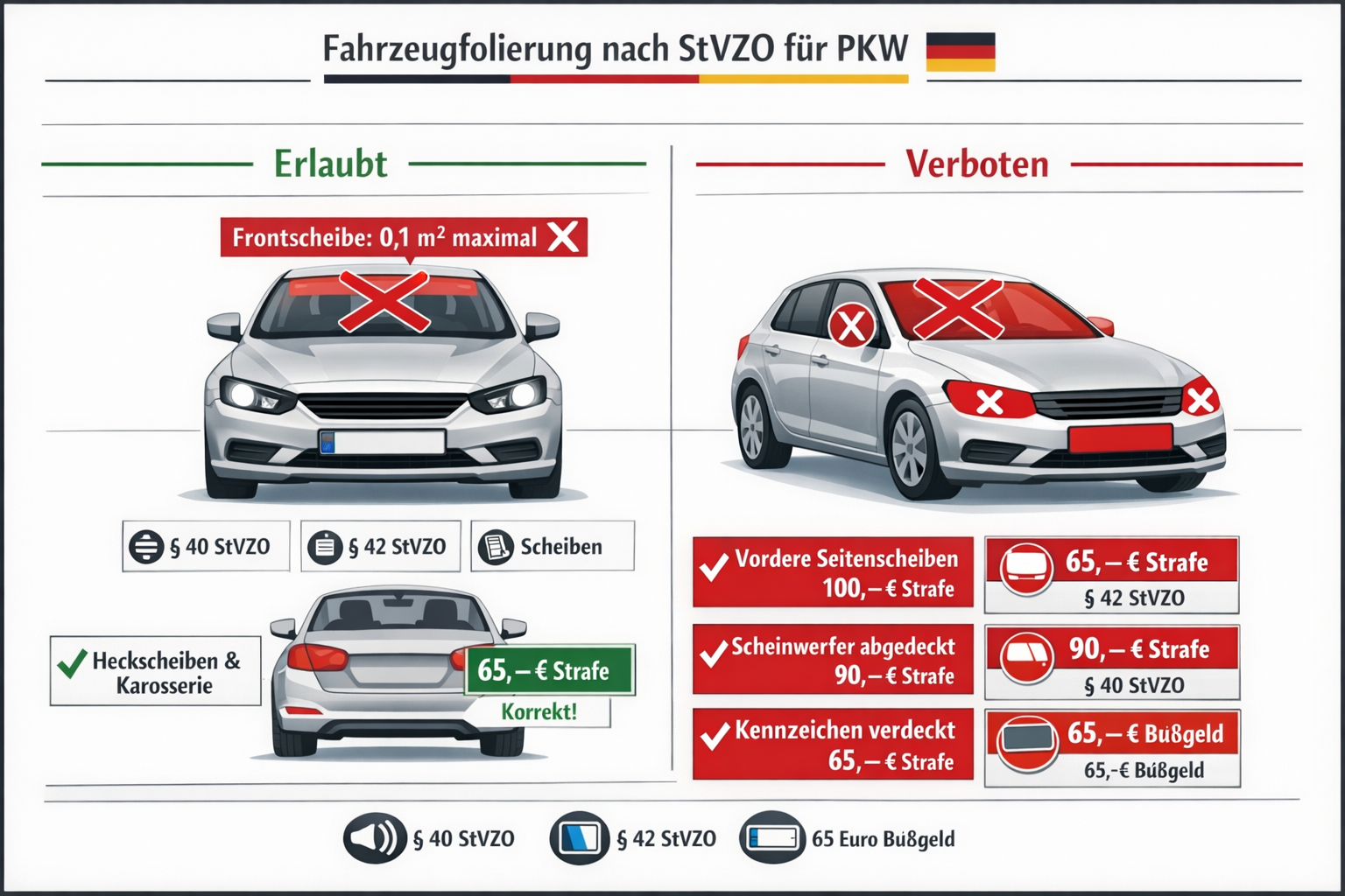 Landscape format (1536x1024) legal compliance diagram for German PKW wrapping regulations showing car schematic with highlighted restricted