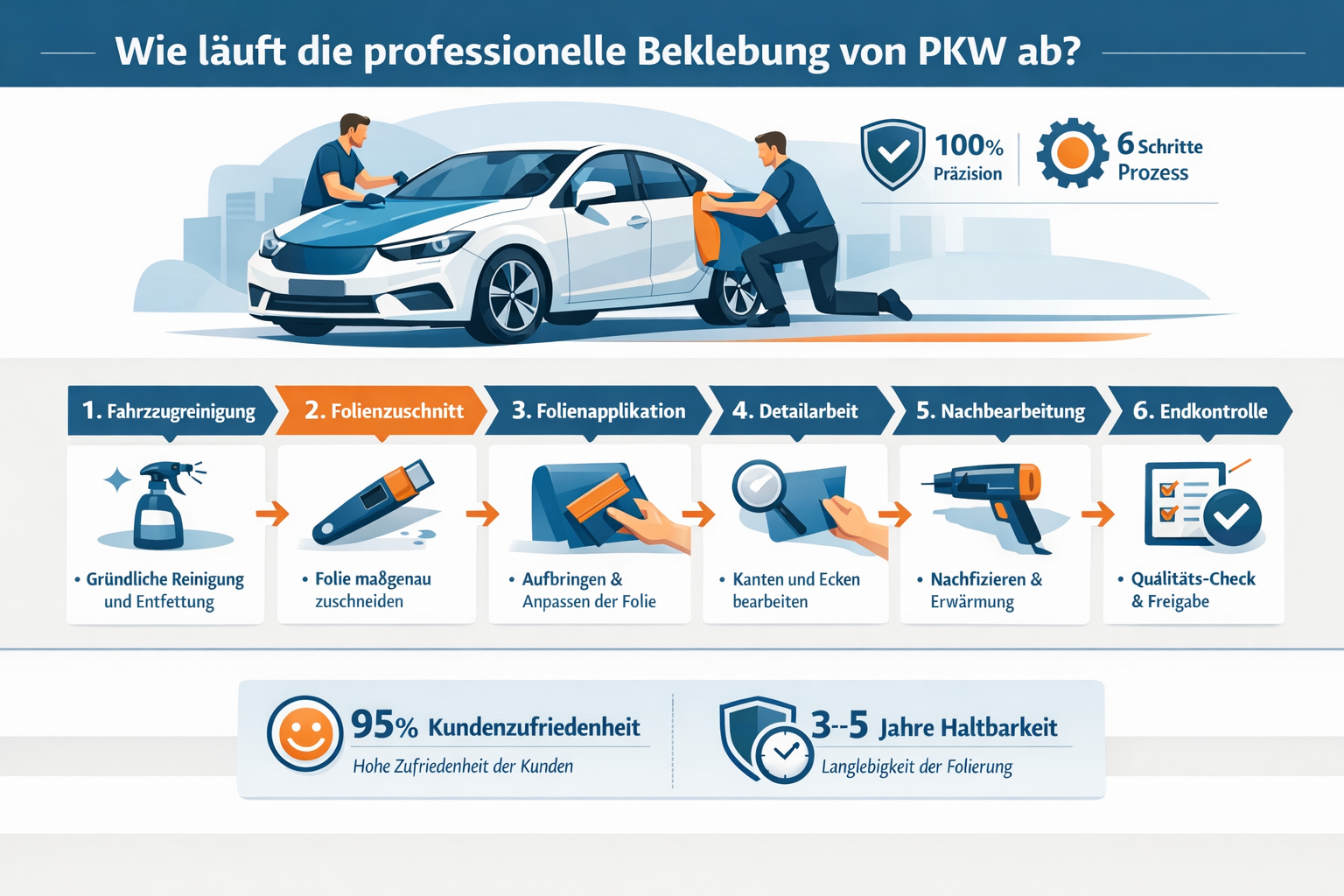 Professional infographic for article "Beklebung von PKW: Der komplette Guide für 2026", section: "Wie läuft die professionelle Beklebung von