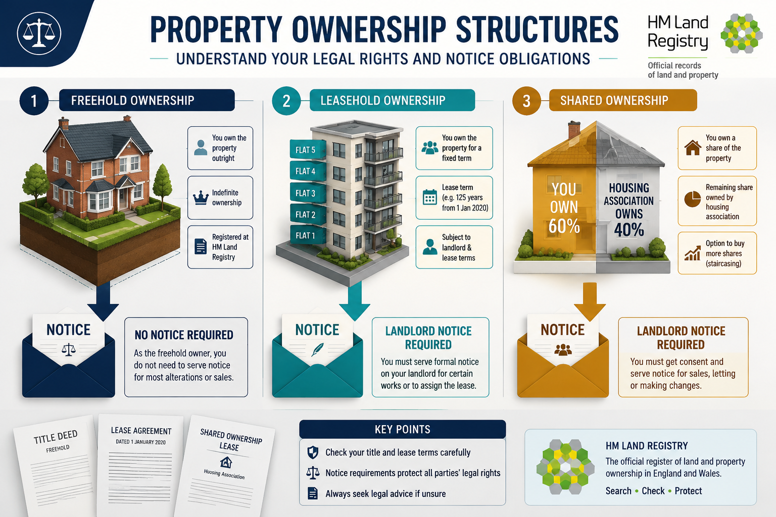 Detailed () infographic-style illustration showing three distinct property ownership structures side by side: a freehold