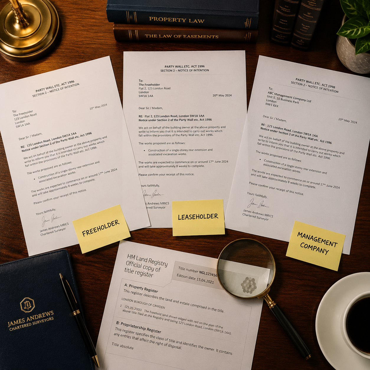 () overhead flat-lay photograph of a formal wooden desk with multiple official party wall notice letters spread out, each