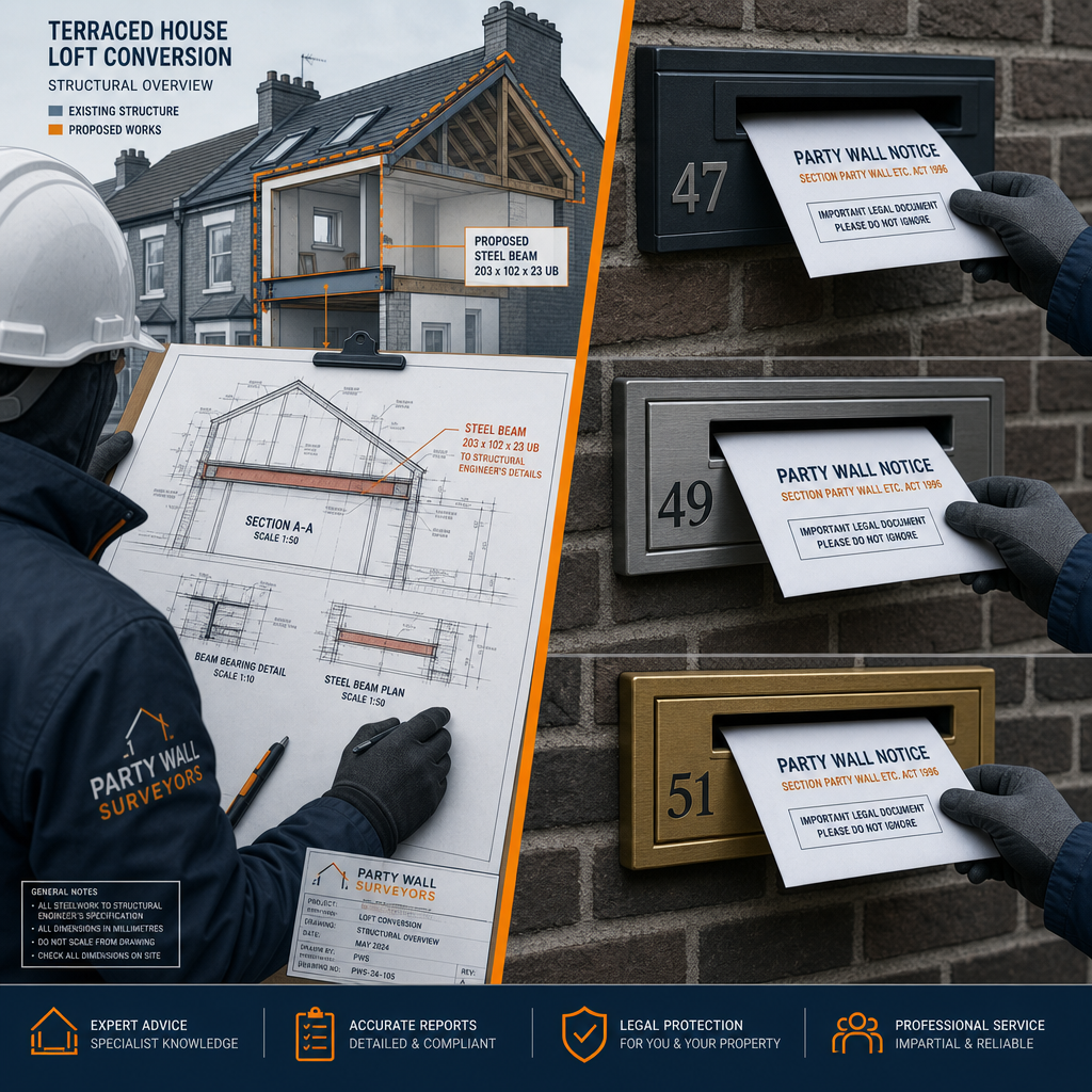 () split-scene illustration showing on the left a surveyor in a hard hat reviewing architectural blueprints of a terraced