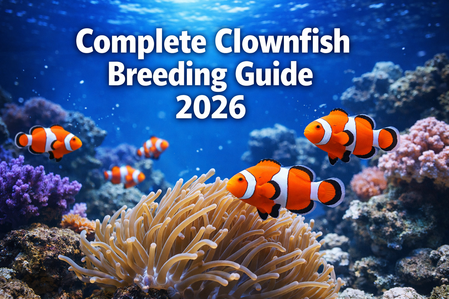 Professional landscape hero image (1536x1024) featuring bold text overlay 'Complete Clownfish Breeding Guide 2026' in extra large 72pt white