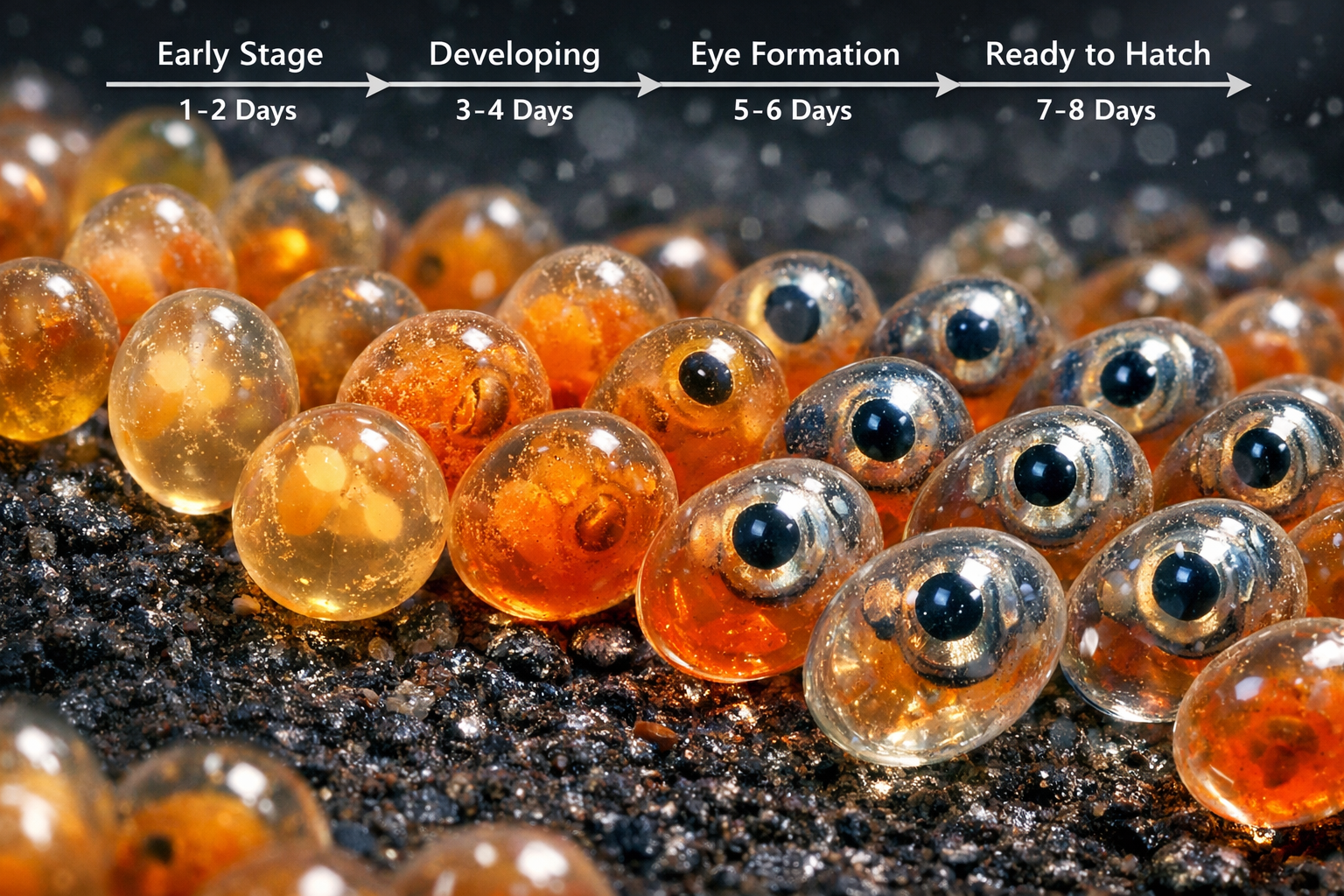Close-up macro photography of orange clownfish eggs on dark substrate, showing different developmental stages from clear to silvery with vis