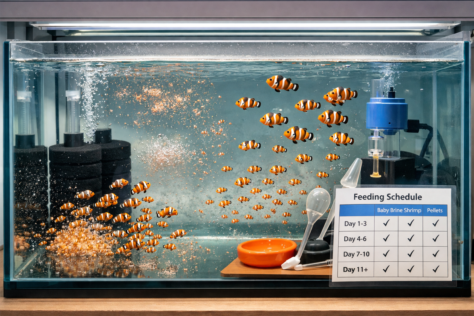 Adorable clownfish fry in specialized nursery tank with gentle filtration, tiny orange and black striped juveniles, live food cultures (roti