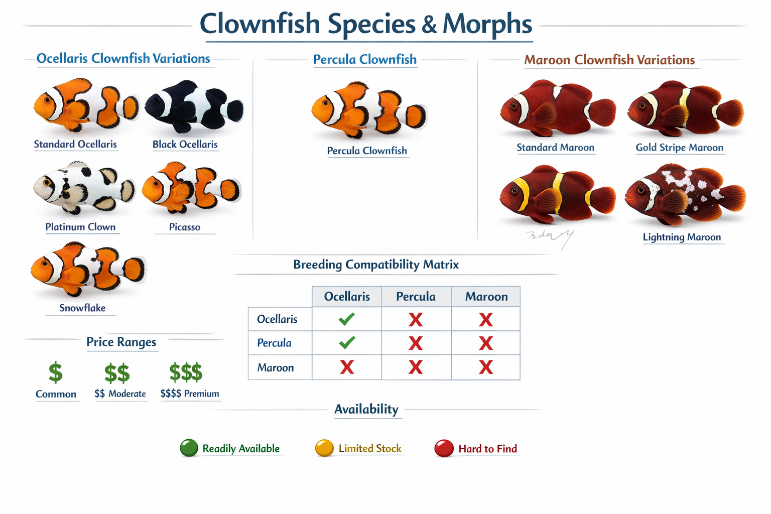 Comprehensive visual chart displaying various clownfish species and morphs including Ocellaris variations (standard, black, platinum, picass
