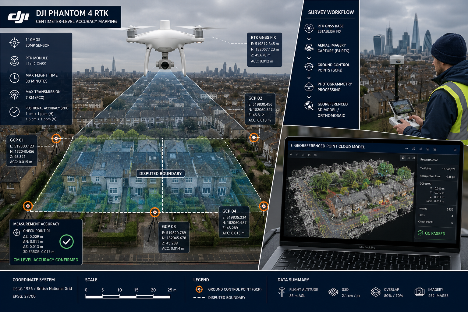 Wide () technical infographic-style illustration showing a DJI Phantom RTK drone capturing orthomosaic aerial imagery over a