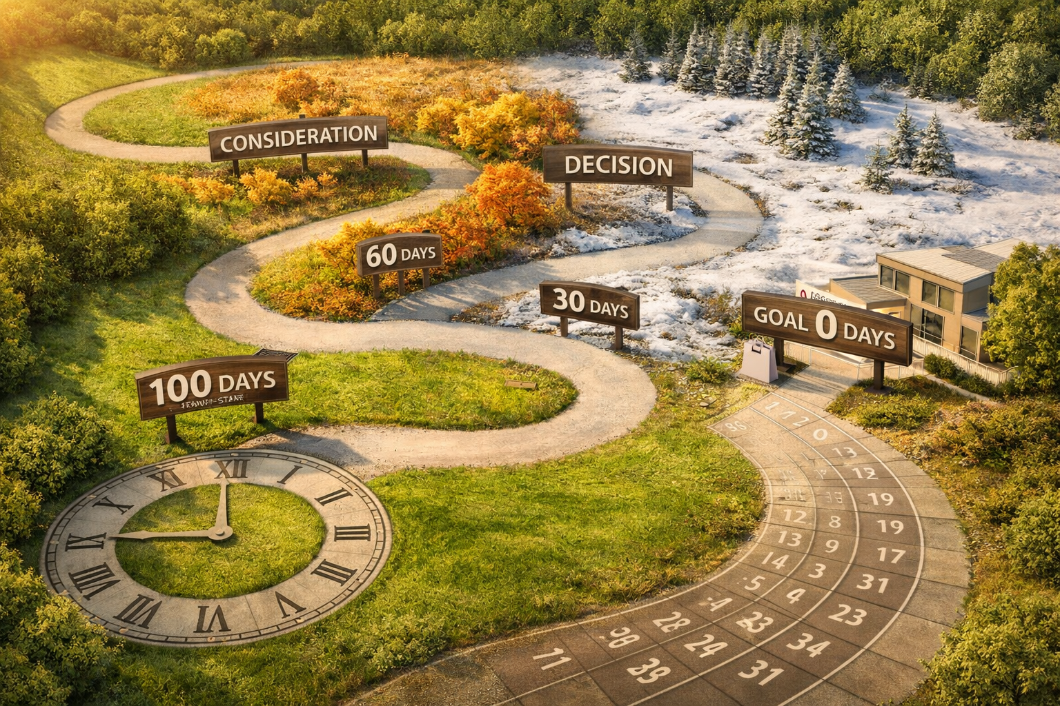 Editorial landscape photograph (1536x1024) showing a winding pathway through distinct seasonal zones representing customer journey stages, w