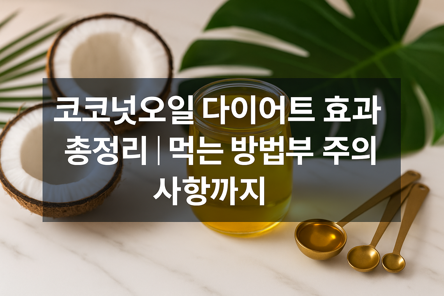 Professional landscape hero image (1536x1024) featuring bold text overlay '코코넛오일 다이어트 효과 총정리 | 먹는 방법부터 주의사항까지' in extra large 72pt white Kor