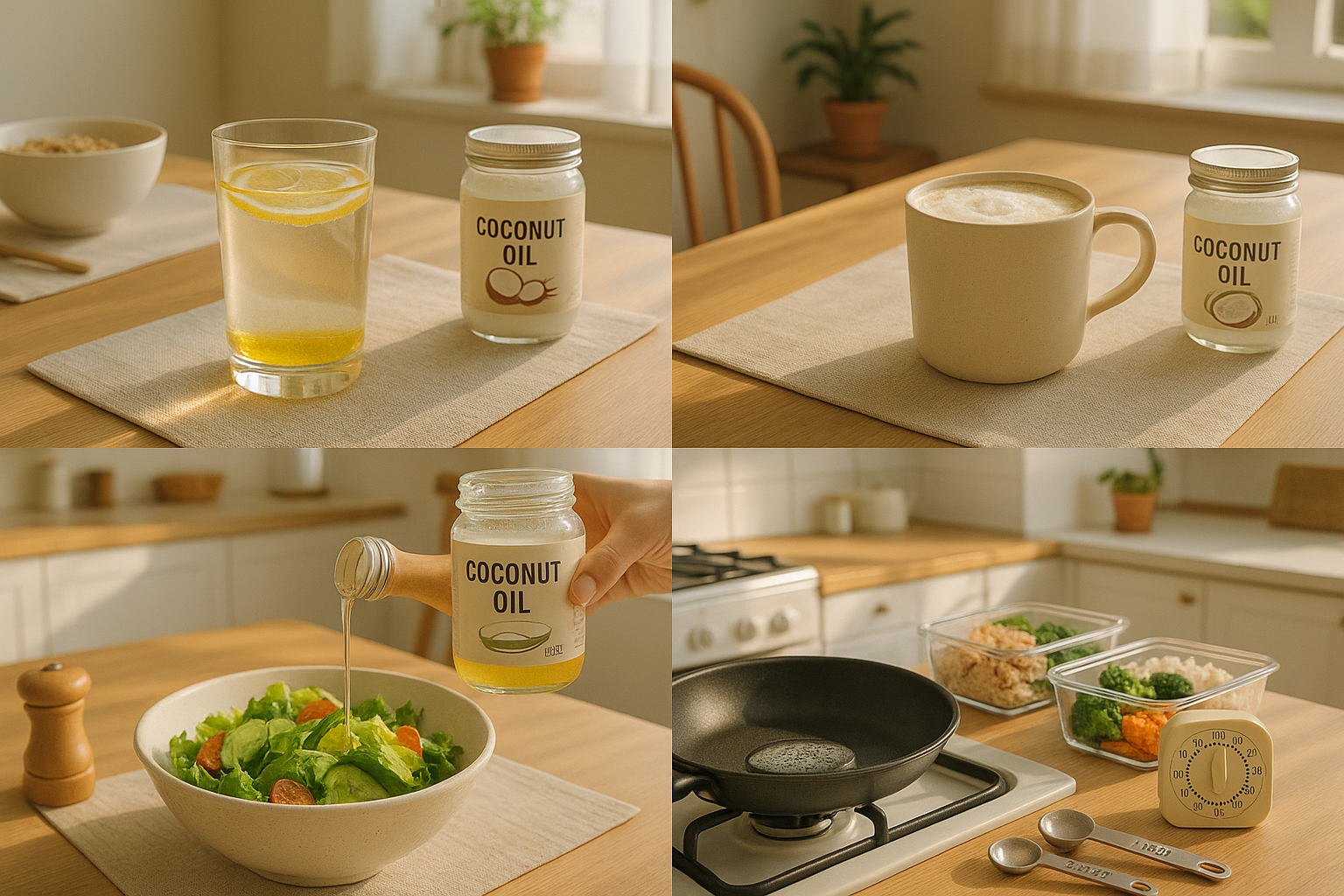 Lifestyle photography showing various coconut oil consumption methods: clear glass with golden oil and lemon water on breakfast table, coffe