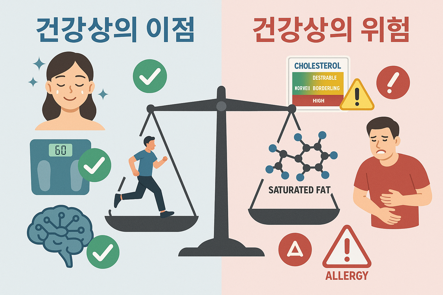 Split-screen comparison image showing health benefits versus risks: left side displays glowing skin, healthy weight scale, energetic person