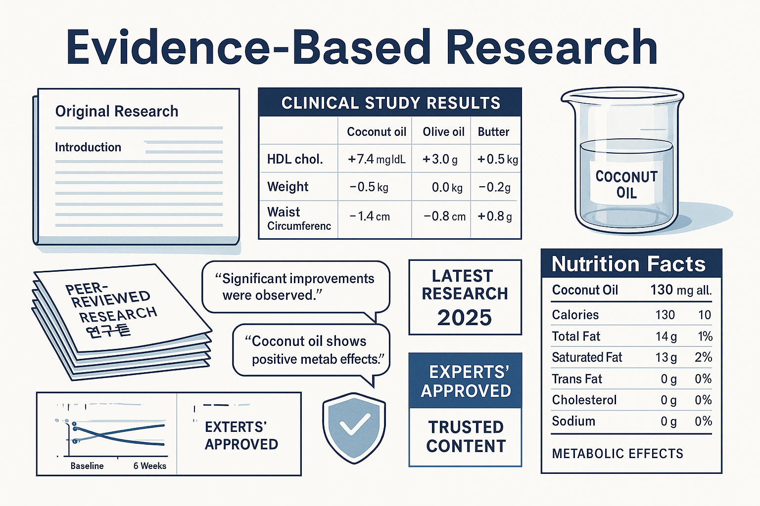 Evidence-based research visualization featuring scientific journal pages, clinical study results table comparing coconut oil versus other oi