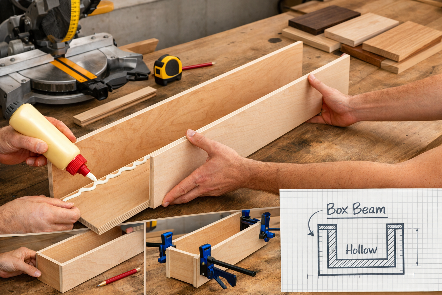 Landscape format (1536x1024) image illustrating a step-by-step assembly of a lightweight DIY exposed wood box beam. The image shows hands jo