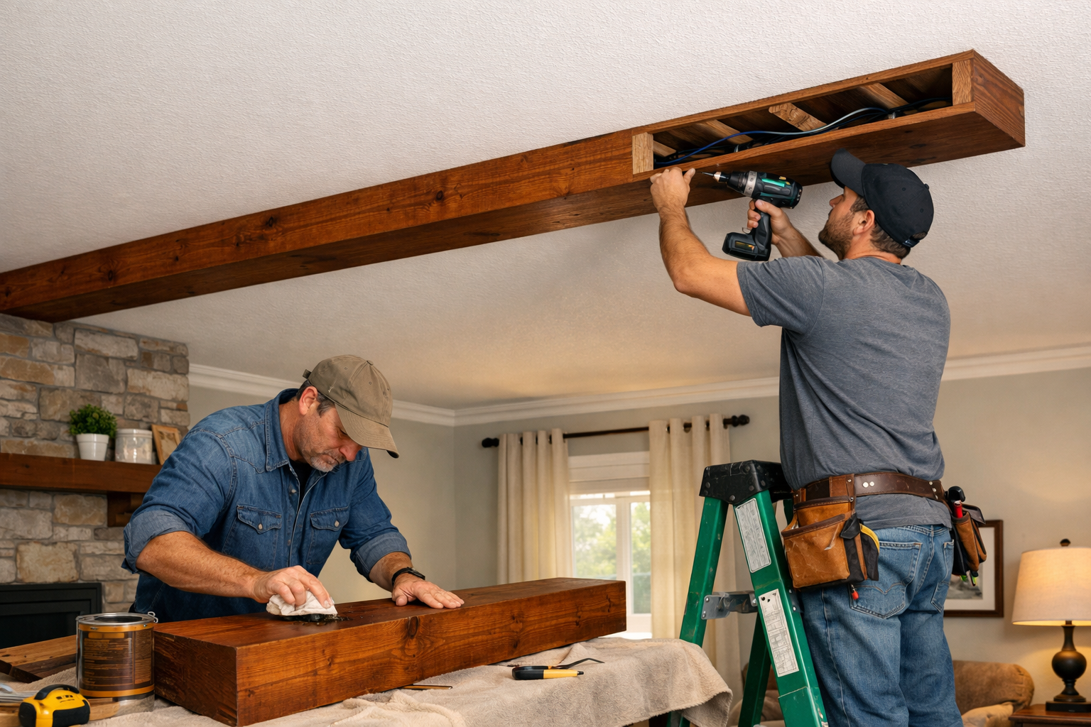 Landscape format (1536x1024) image depicting the installation of DIY exposed wood box beams onto a finished ceiling. One beam is partially i