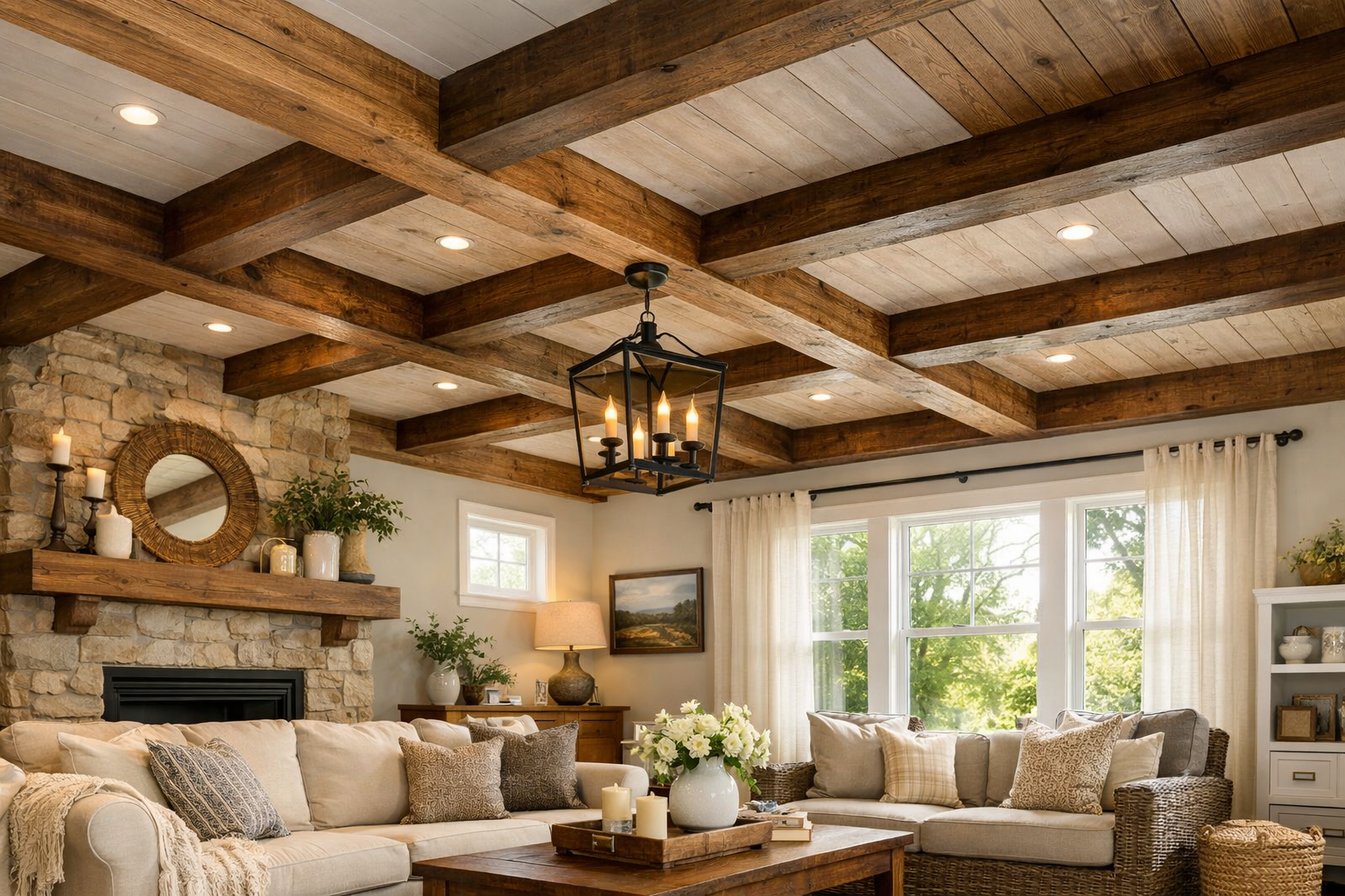 Landscape format (1536x1024) image showcasing a completed ceiling transformation featuring DIY exposed wood box beams. The room is beautiful