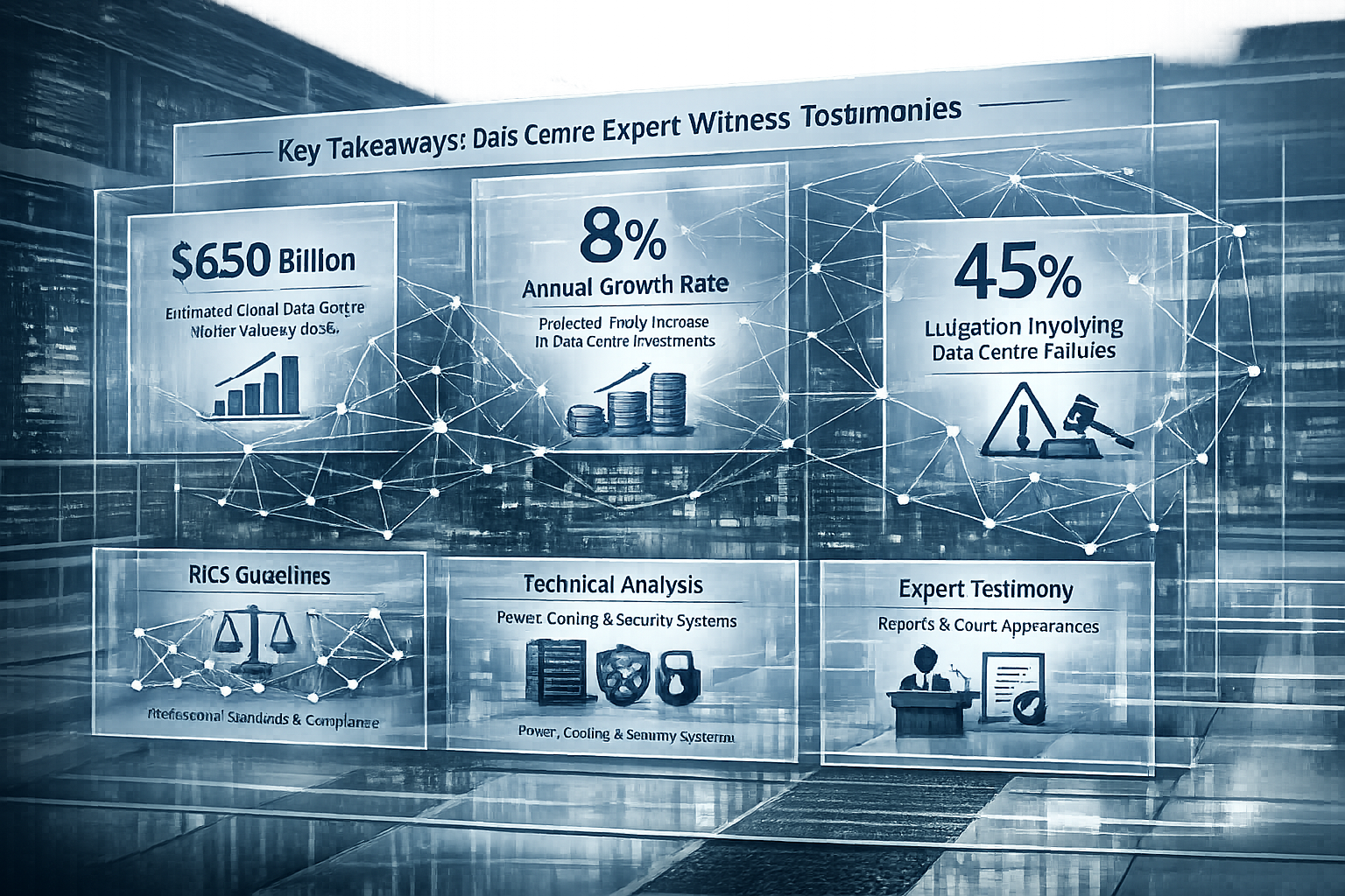 Cinematic infographic visualizing 'Key Takeaways' for Data Centre Expert Witness Testimonies, featuring a multi-layered transparent glass ov