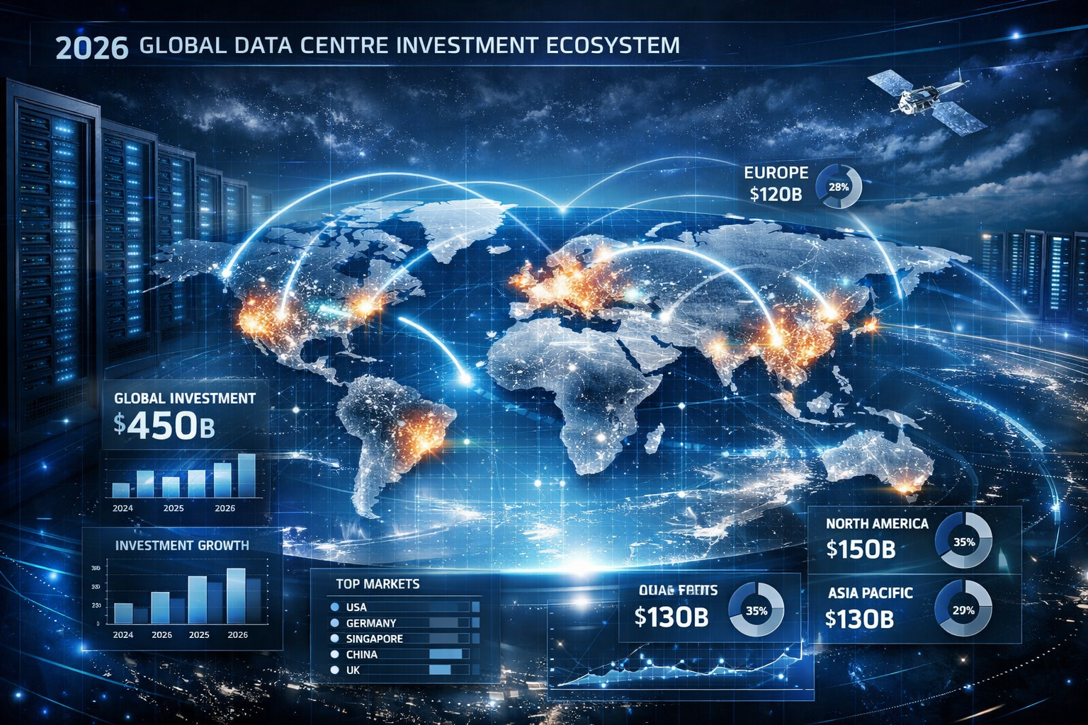 Expansive landscape visualization of 2026 global data centre investment ecosystem, featuring holographic 3D map with illuminated investment
