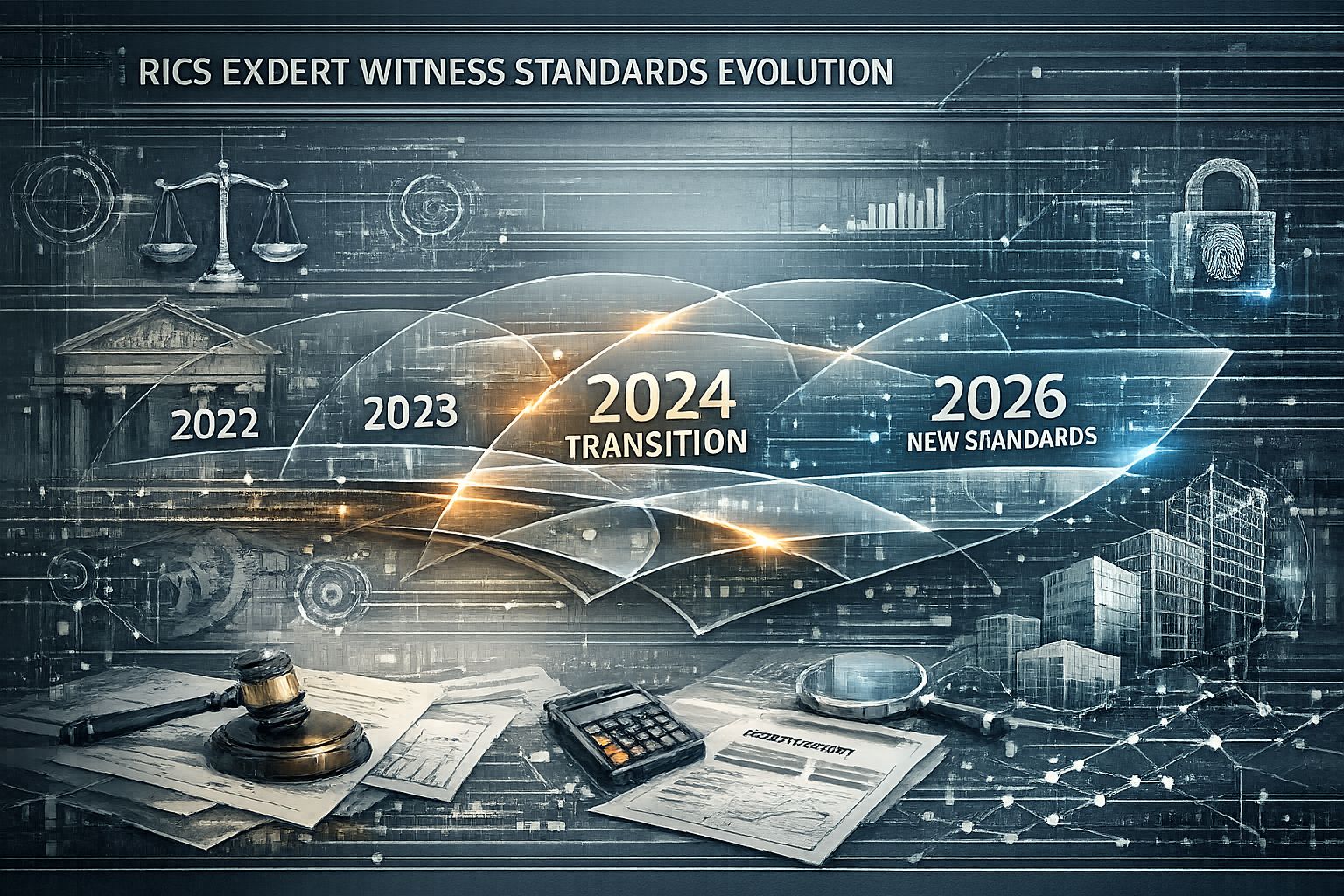 Professional architectural rendering showcasing RICS Expert Witness Standards evolution, featuring a morphing timeline graphic with transpar