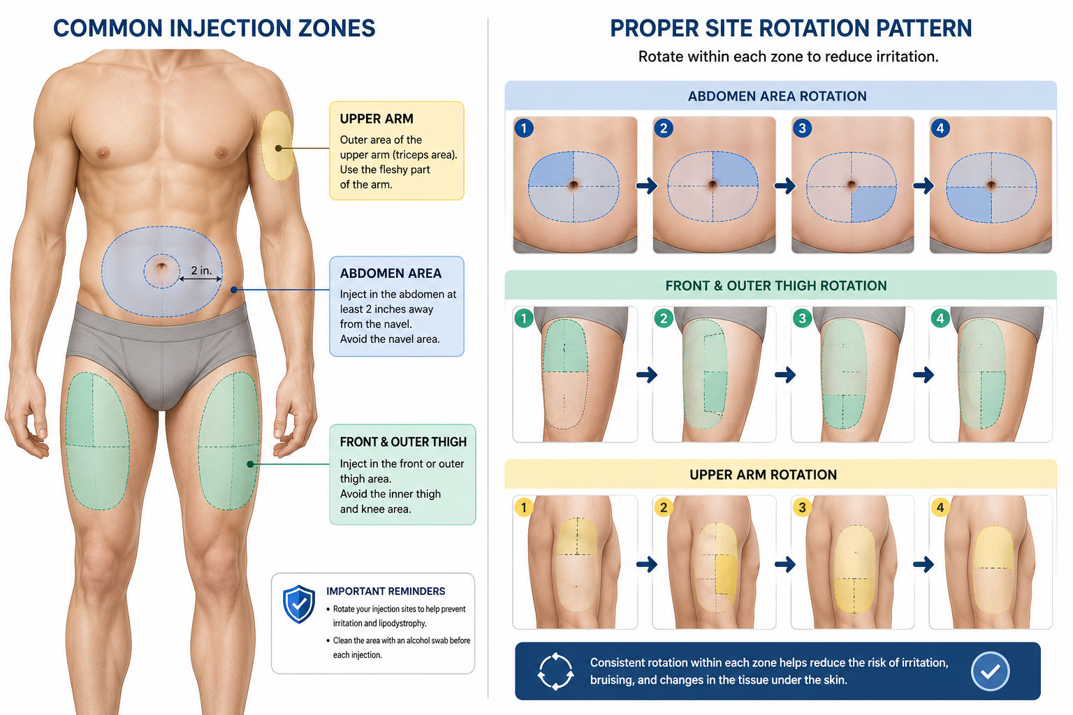 Detailed () image showing anatomical diagram of human torso and legs with three clearly marked injection zones: abdomen area