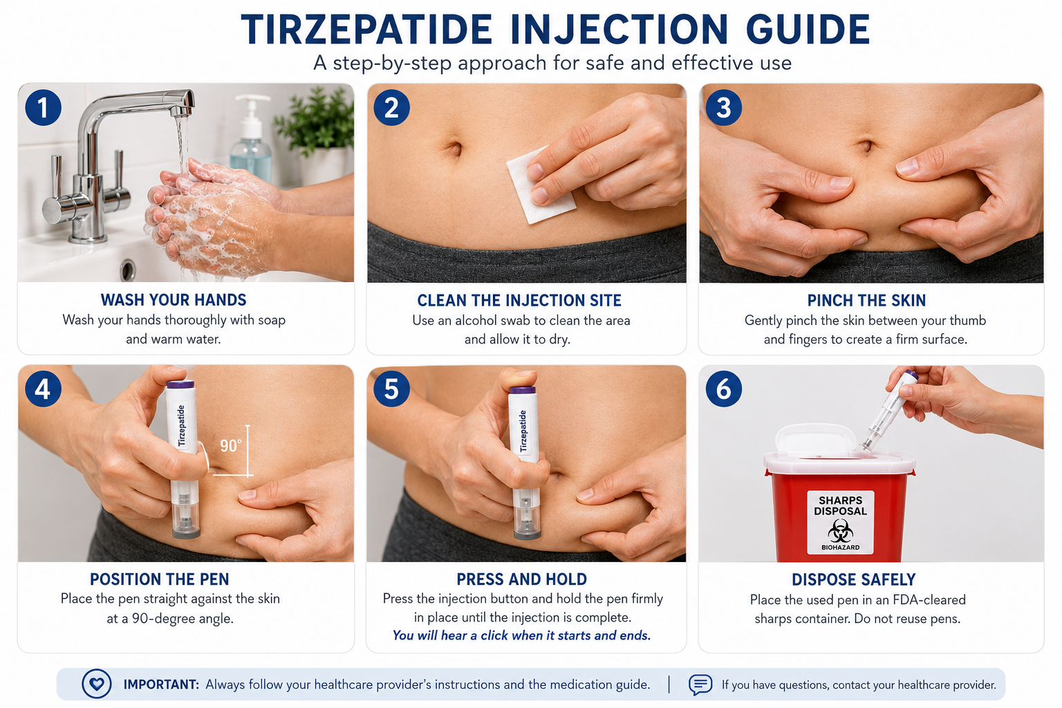 Detailed () step-by-step visual guide showing six numbered panels demonstrating tirzepatide injection technique. Panel 1: