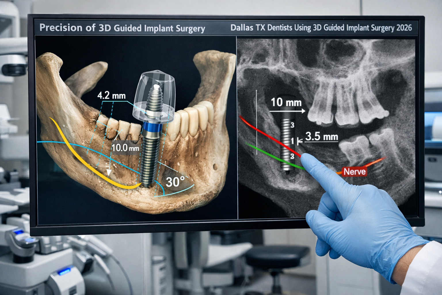 A detailed landscape format (1536x1024) image illustrating the 'Precision of 3D Guided Implant Surgery' in a Dallas dental clinic. The image