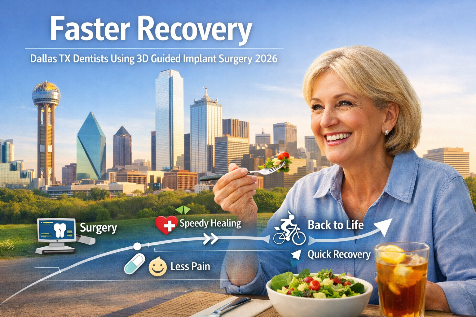 A landscape format (1536x1024) image depicting 'Faster Recovery' after 3D guided implant surgery, set against a backdrop of the Dallas skyli