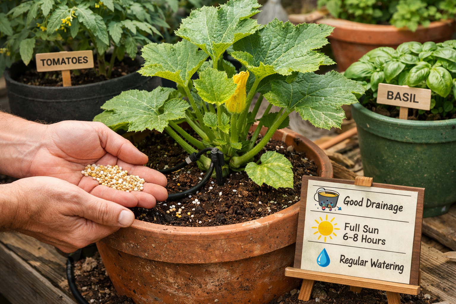 Detailed () image for the section on 'Essential Tips for Thriving Container Gardens'. This visual should depict a close-up