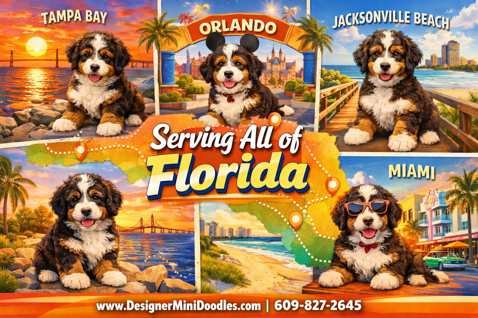 () vibrant collage-style image showing Florida landmarks and cities with miniature bernedoodle puppies: a puppy near a Tampa