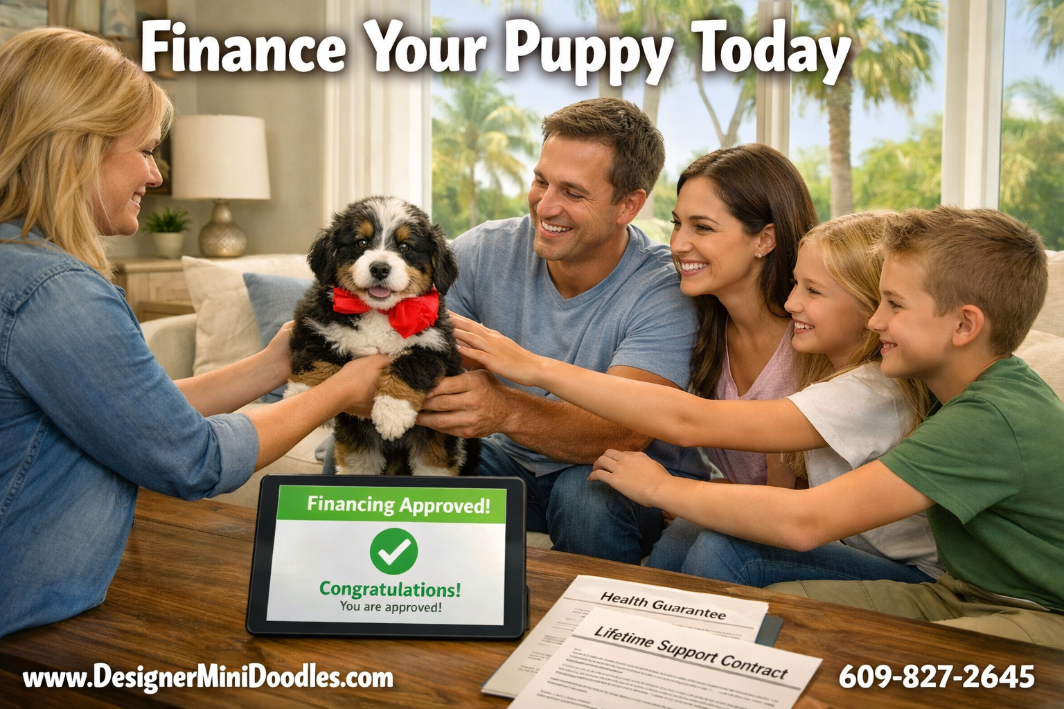 () heartwarming photo-realistic image of a happy family in a bright Florida living room receiving a miniature bernedoodle