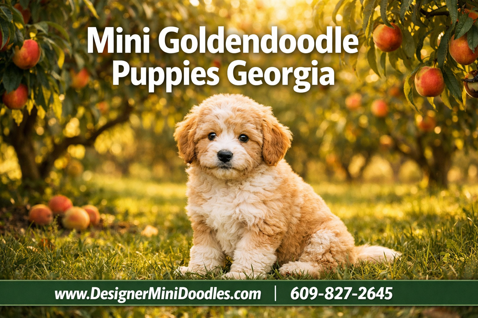 Professional () hero image with : 'Mini Goldendoodle Puppies Georgia' in extra large white with deep , centered upper third.