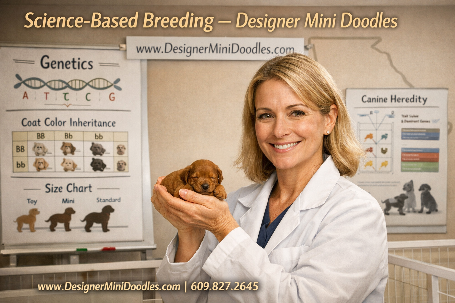 () editorial image showing a professional animal biologist in a clean, surrounded by scientific charts of animal genetics on