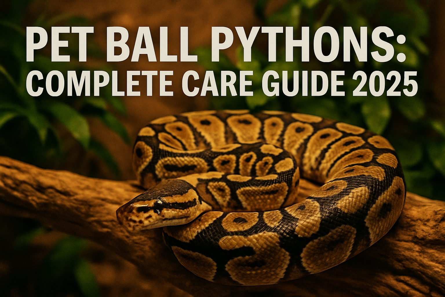 Professional landscape hero image (1536x1024) featuring bold text overlay 'Pet Ball Pythons: Complete Care Guide 2025' in extra large 72pt w