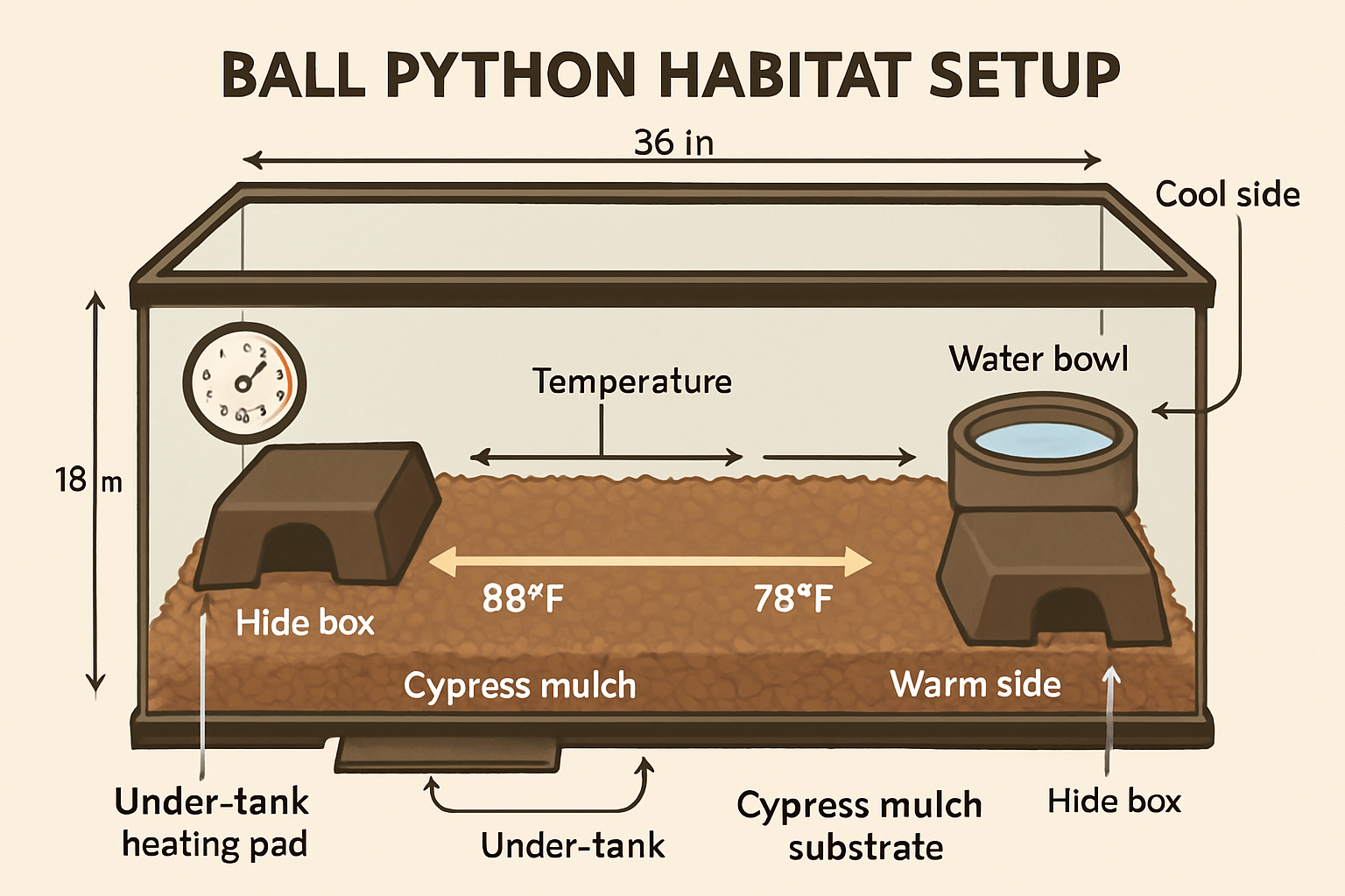 Detailed infographic showing ball python habitat setup with labeled components: 40-gallon terrarium with glass walls, under-tank heating pad