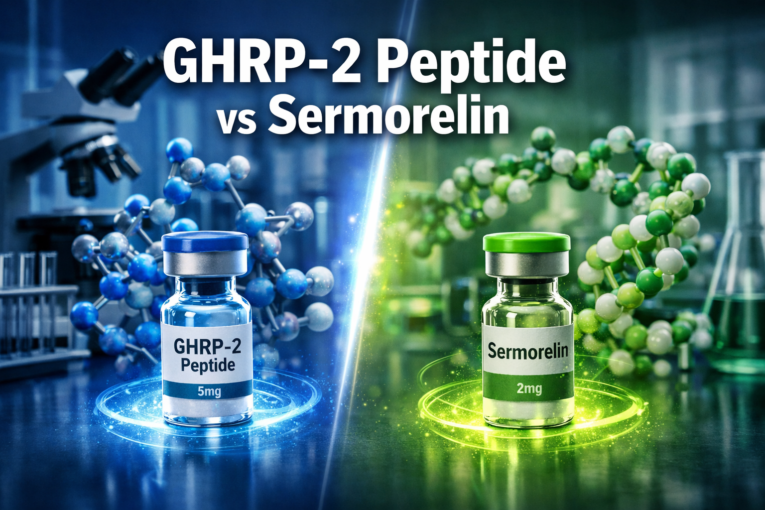 Professional landscape hero image (1536x1024) featuring bold text overlay 'GHRP-2 Peptide vs Sermorelin' in extra large 72pt white sans-seri