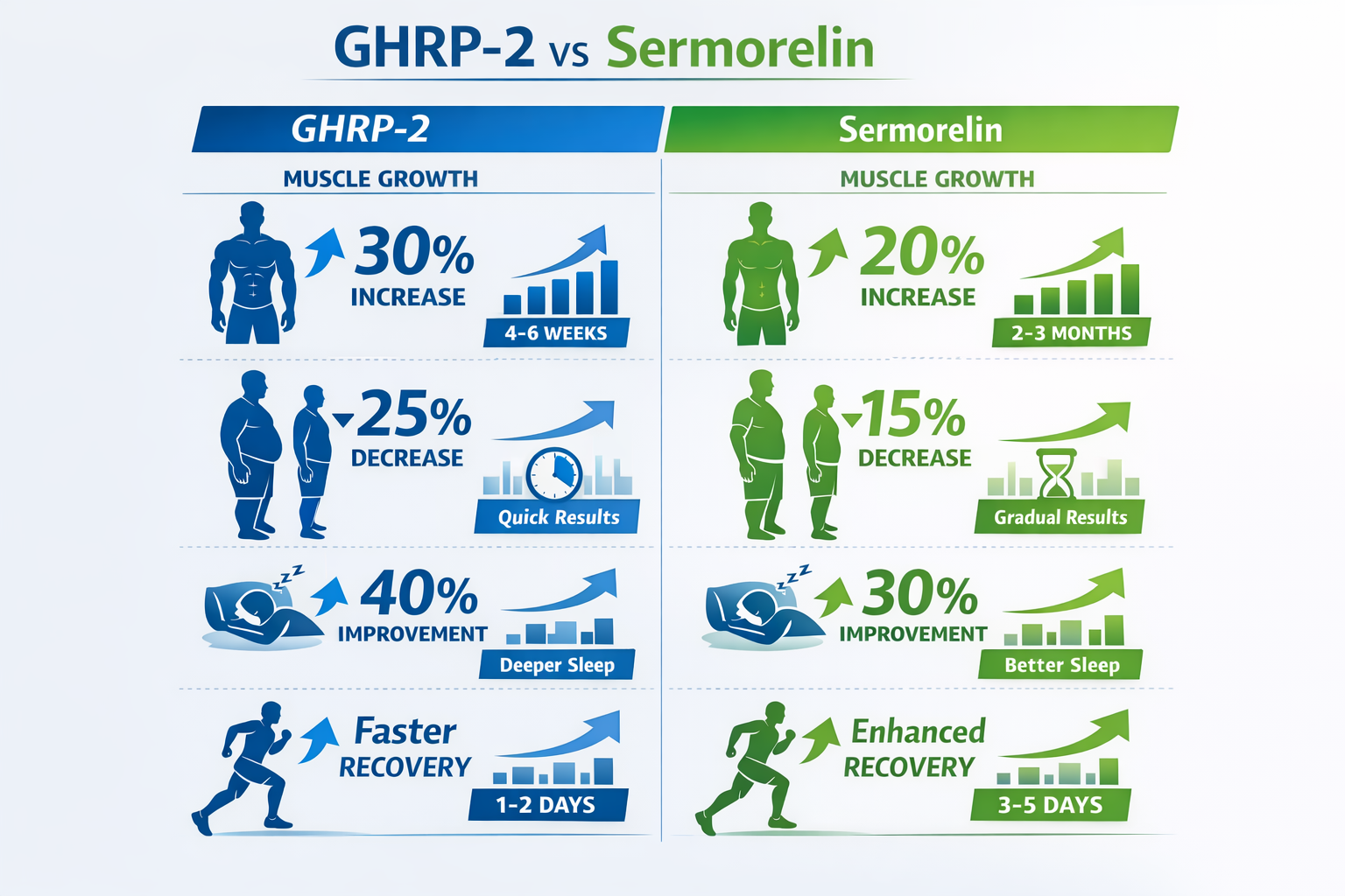 Professional benefits comparison chart (1536x1024) displaying two columns comparing GHRP-2 vs Sermorelin effects on muscle growth, fat loss,