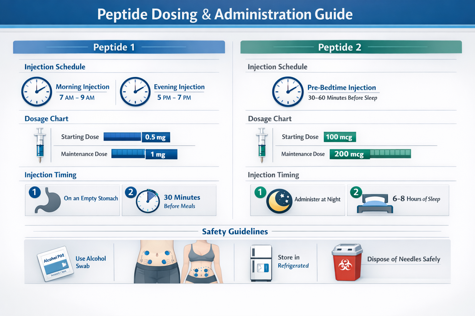Clinical dosing and administration guide visualization (1536x1024) featuring injection schedules, dosage charts, and timing protocols for bo