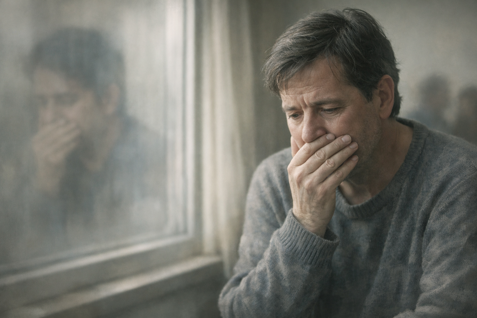 () image illustrating the emotional burden of tooth loss. The image should feature a person, mid-age, with a slightly