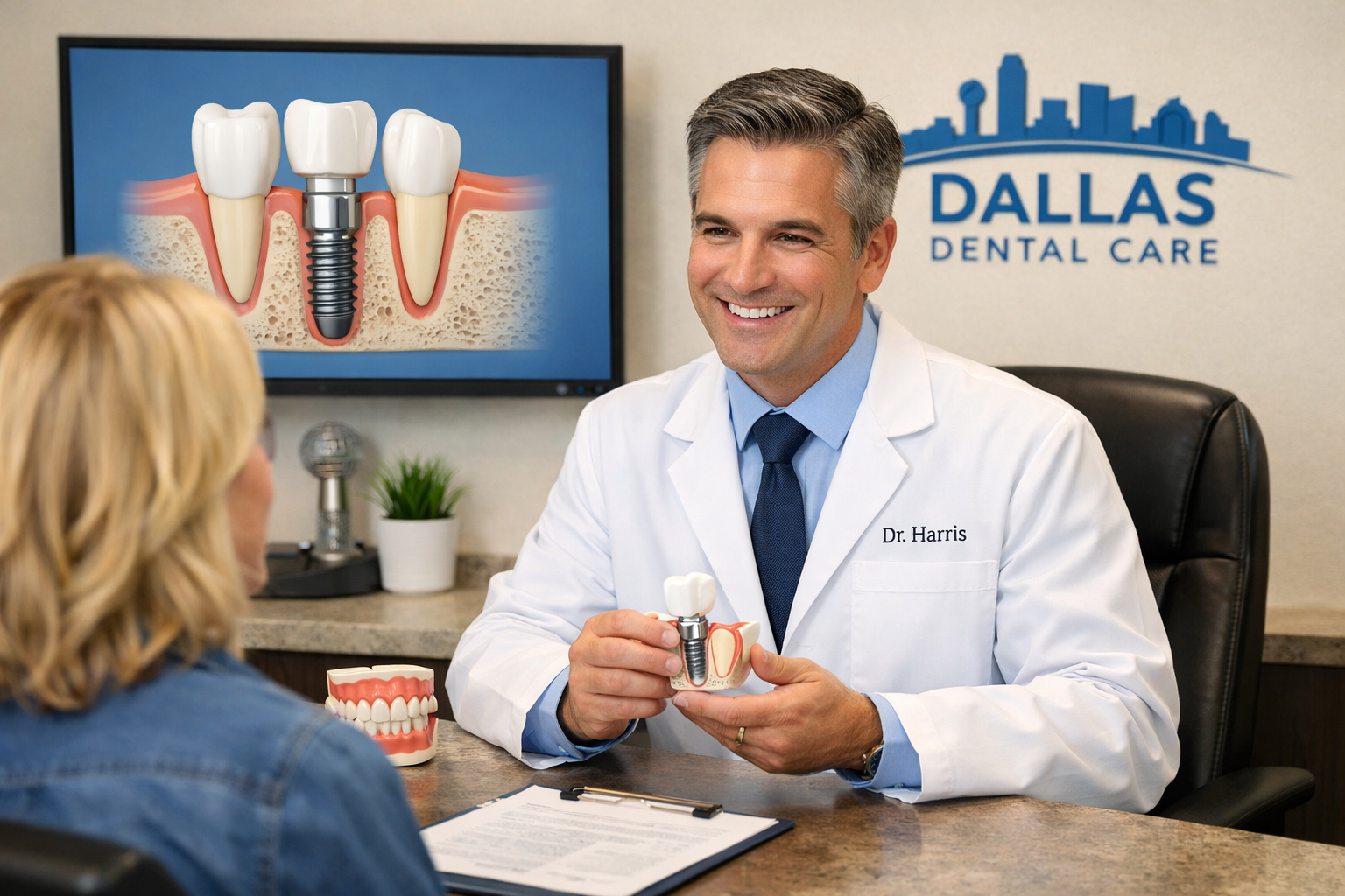 () image depicting the process of a dental implant consultation in Dallas. A skilled dentist, wearing professional attire,