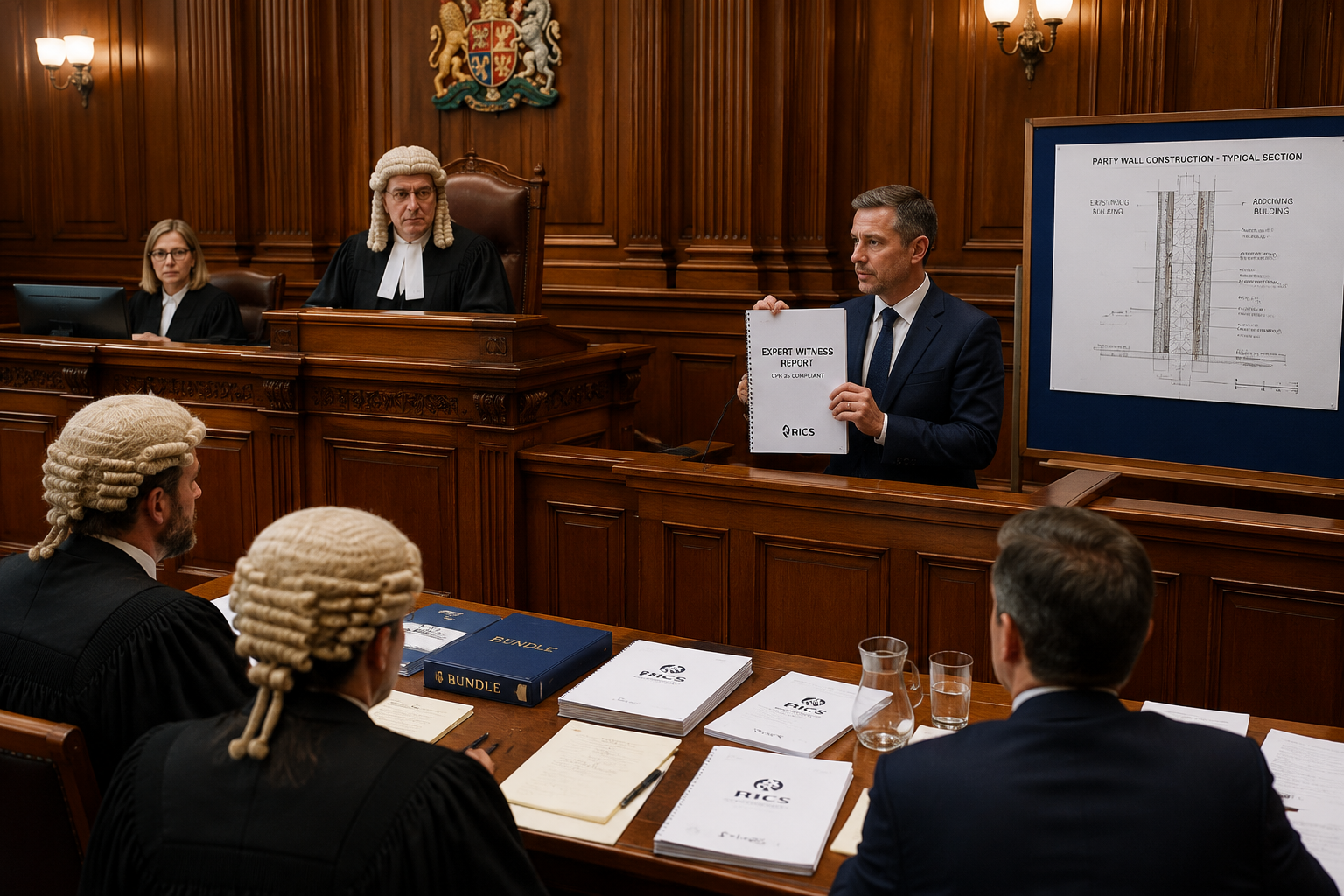 Detailed () showing a UK courtroom scene from elevated angle, featuring a surveyor expert witness standing at a witness box