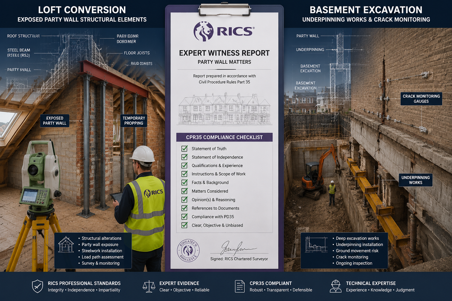 Wide-angle () showing a side-by-side comparison infographic style image: left panel depicts a loft conversion with exposed