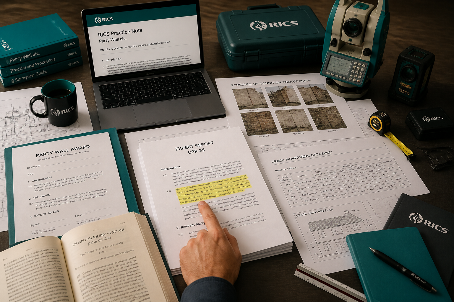 () bird's-eye view of a large architect's table covered with party wall award documents, schedule of condition photographs,