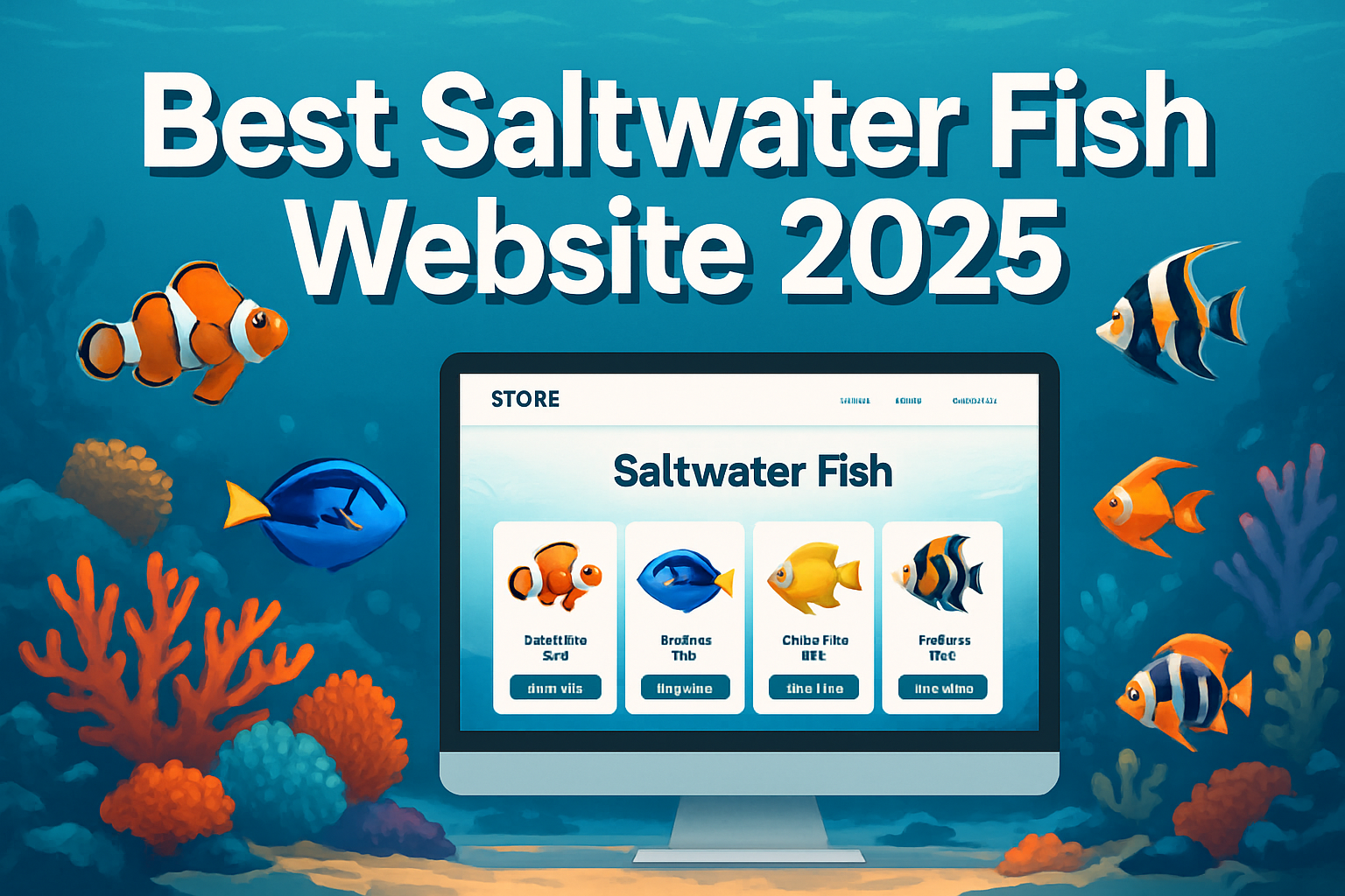 Professional landscape hero image (1536x1024) featuring bold text overlay 'Best Saltwater Fish Website 2025' in extra large 72pt white sans-